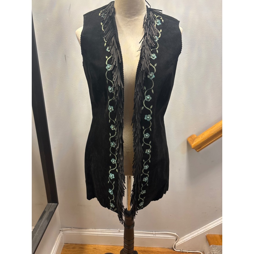 Patricia Wolf Genuine Leather Vest‎ Womens S Black  Fringe Floral Western